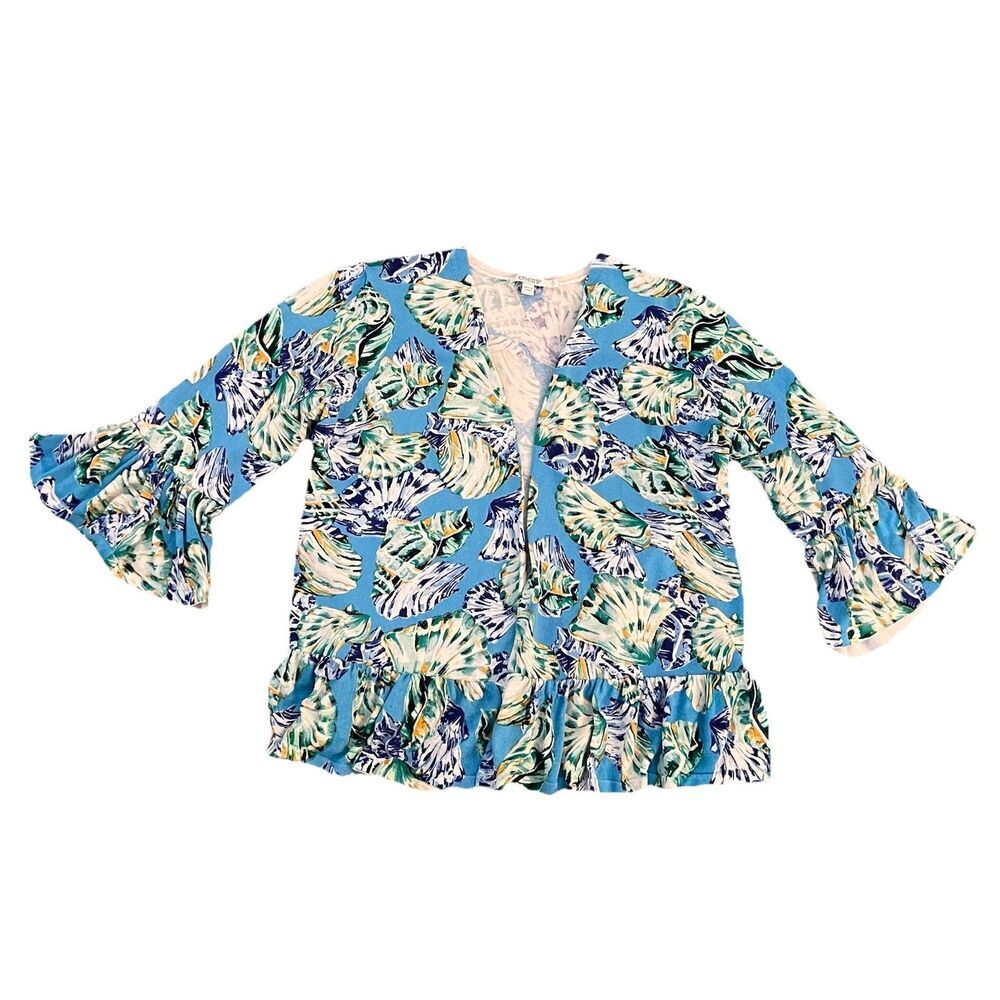 Chicos Women's Cardigan Large Linen Blend Open Front Sea Shells Blue‎ Green Sz 2